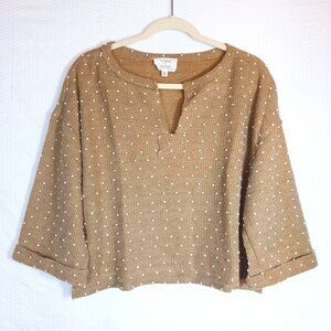 Flower & Feather Crop V-Neck Polka Dot Tan Knit Sweater Size M